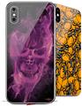 2 Decal style Skin Wraps set compatible with Apple iPhone X and XS Flaming Fire Skull Hot Pink Fuchsia